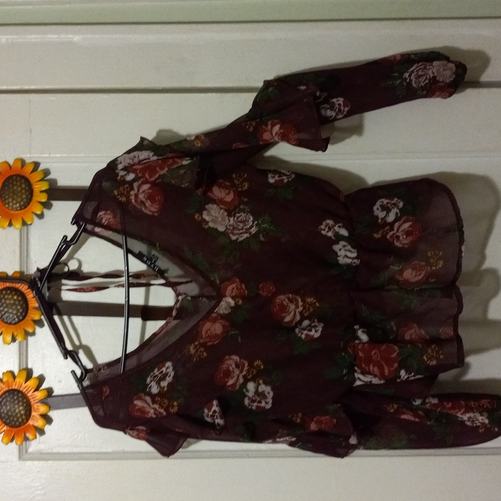 Hype- Ruffled Blouse, L, Sheer 100% Polyester, V-Neck Front & Back